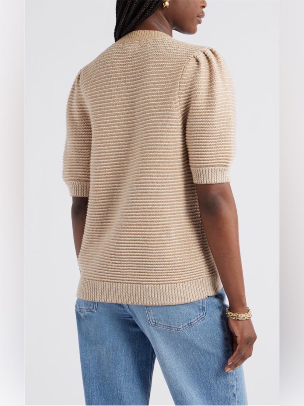 Caslon Links Puff Sleeve Wool Blend Cardigan Beige Button-Up Cardigan Large - Picture 2 of 2